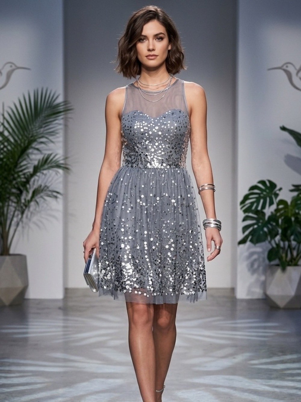 dELiA*s Silver-Gray Sequined Tulle Party Dress